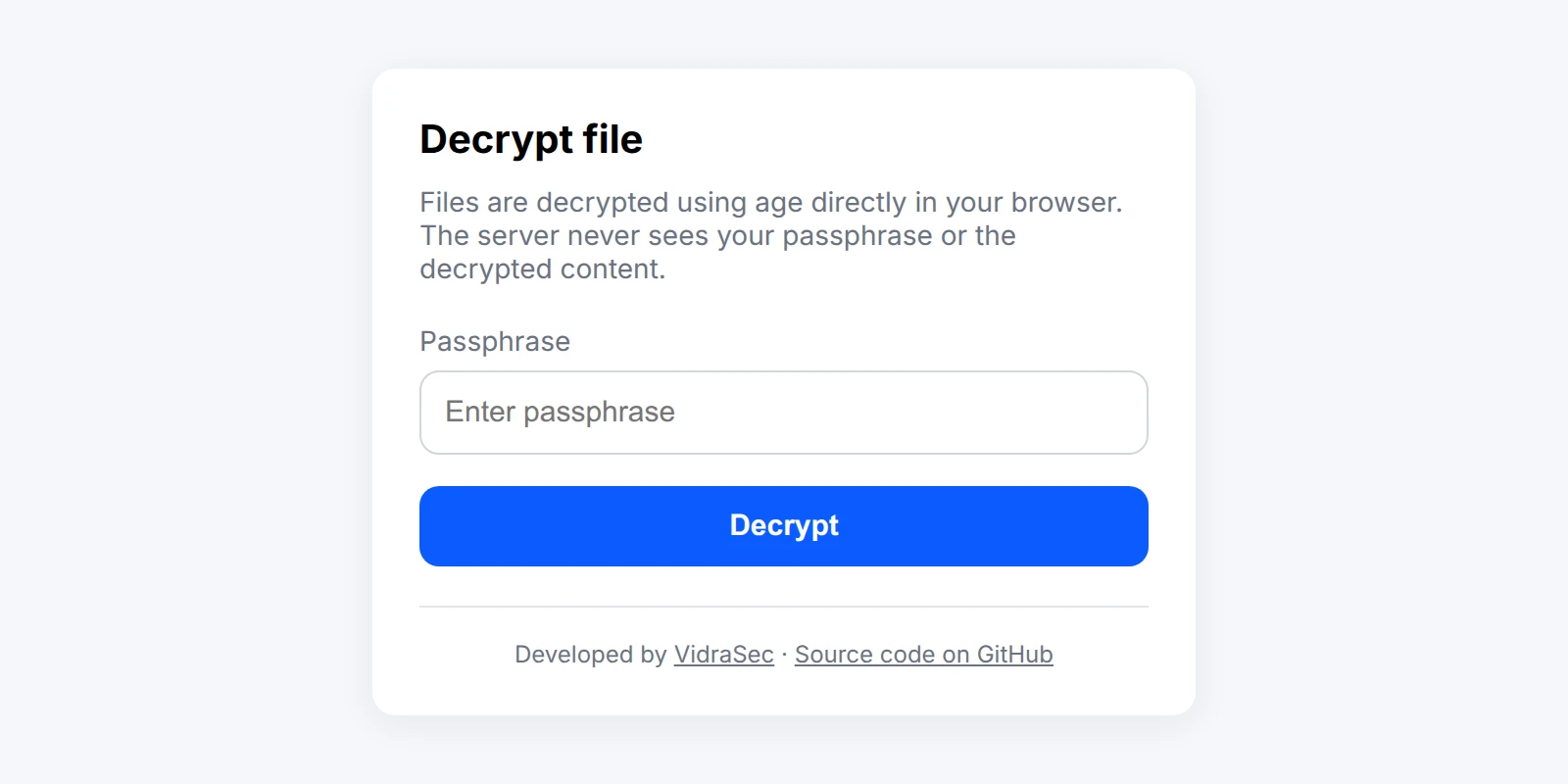VidraCrypt browser-based file decryption using age encryption
